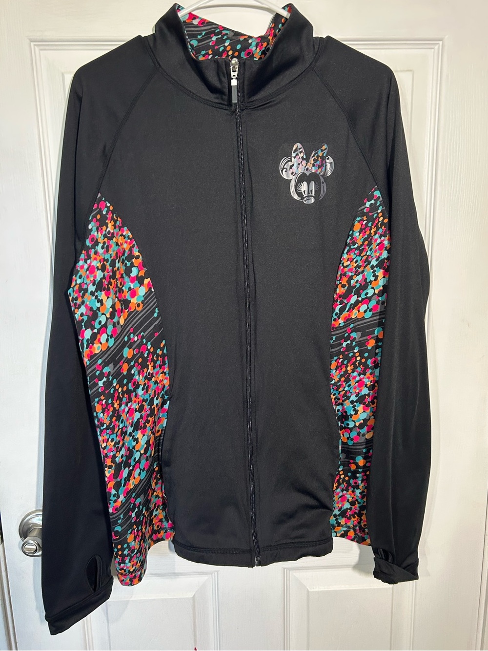 Disney Parks Minnie Mouse black full-zip jacket colorful dot confetti Size XL